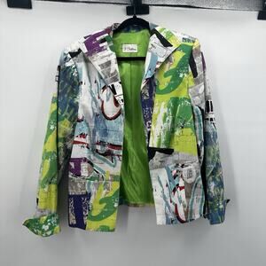 3 Sisters Jacket Womens XL Green Art To Wear Artsy Colorful Open Blazer